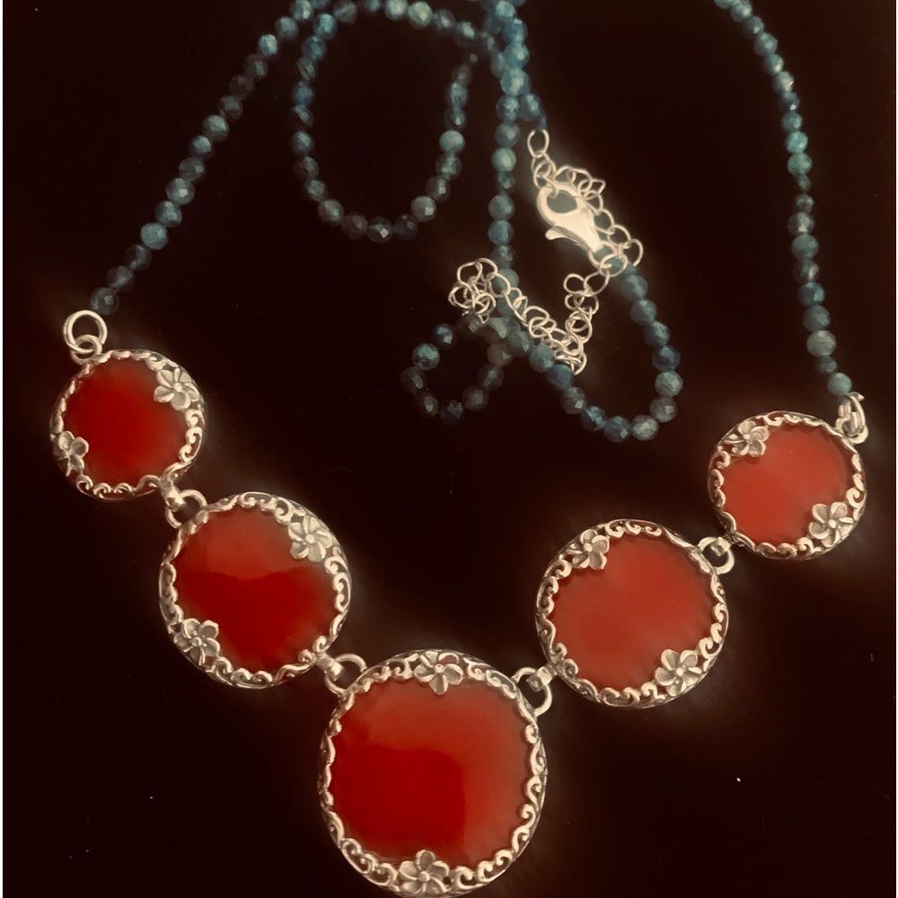 Red Coral Pendants with Blue Topaz Beaded Necklace 20" in Sterling Silver NWT
